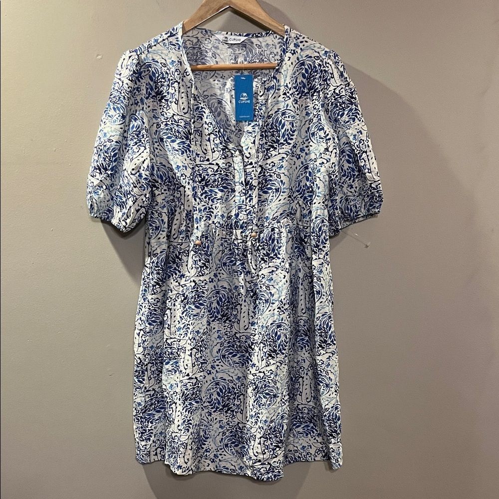 Cupshe Blue and White Printed Swim Coverup Tunic